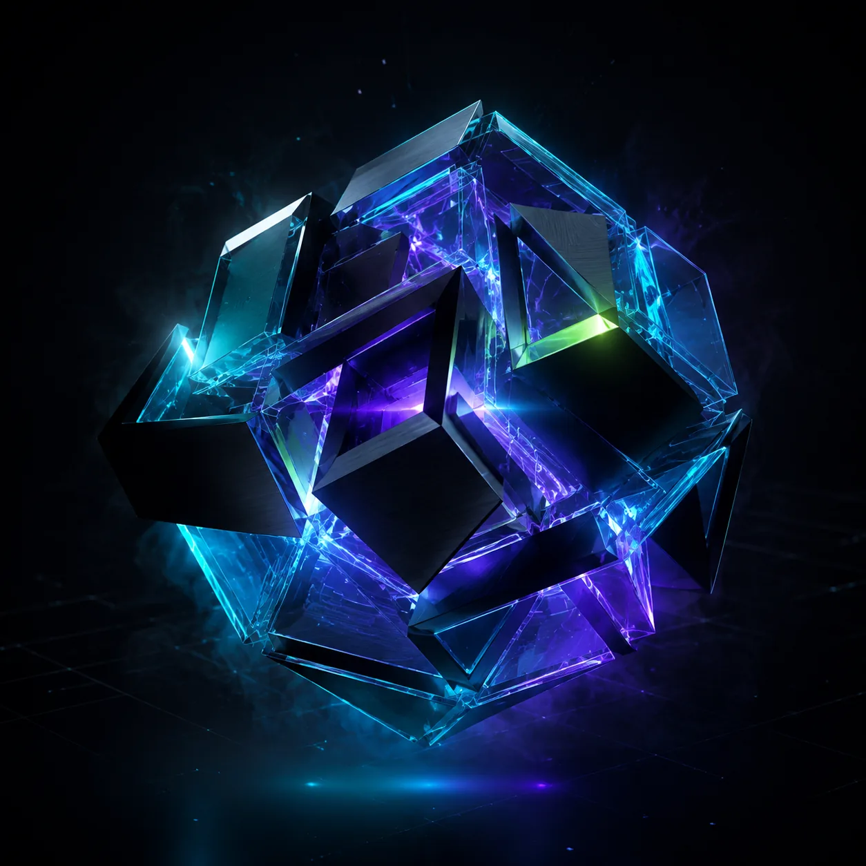 Forma tridimensional luminosa en tonos cian y violeta