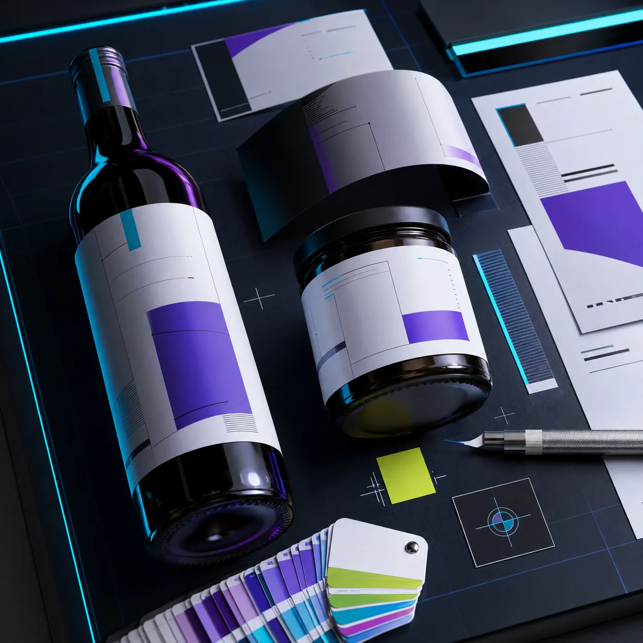 Propuestas de etiquetas para botella y frasco con muestras de color