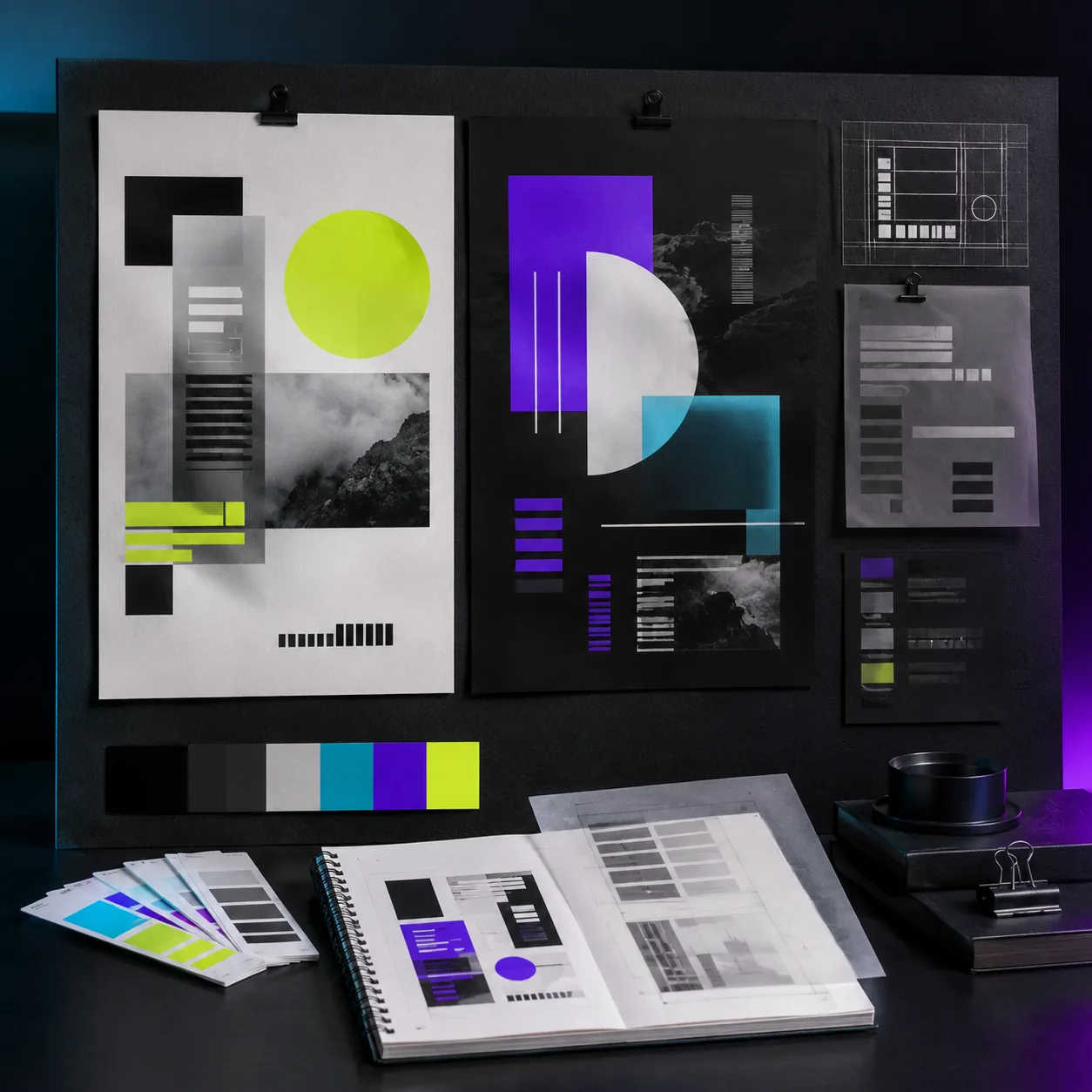 Mesa creativa con carteles, retículas, tipografía y paleta de color
